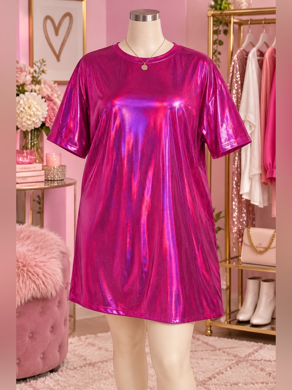 SHEIN ICON 3X Hot Pink Metallic Iridescent Oversized T-Shirt Mini Dress NWT